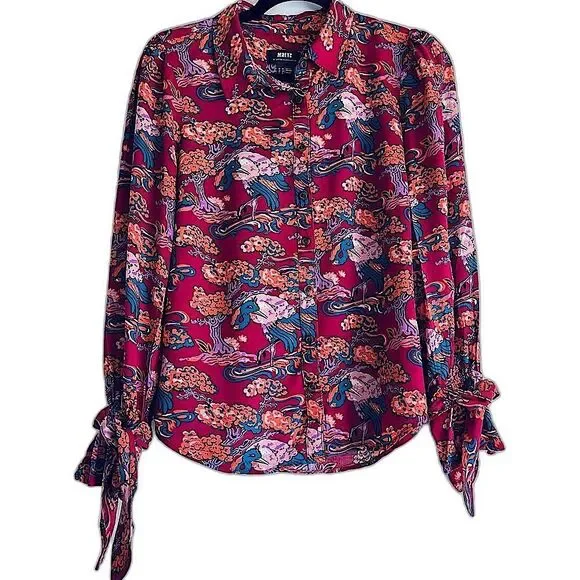 Anthropologie Maeve Darla Buttondown Shirt Vibrant Trees and Birds Size 8 - Picture 8 of 12